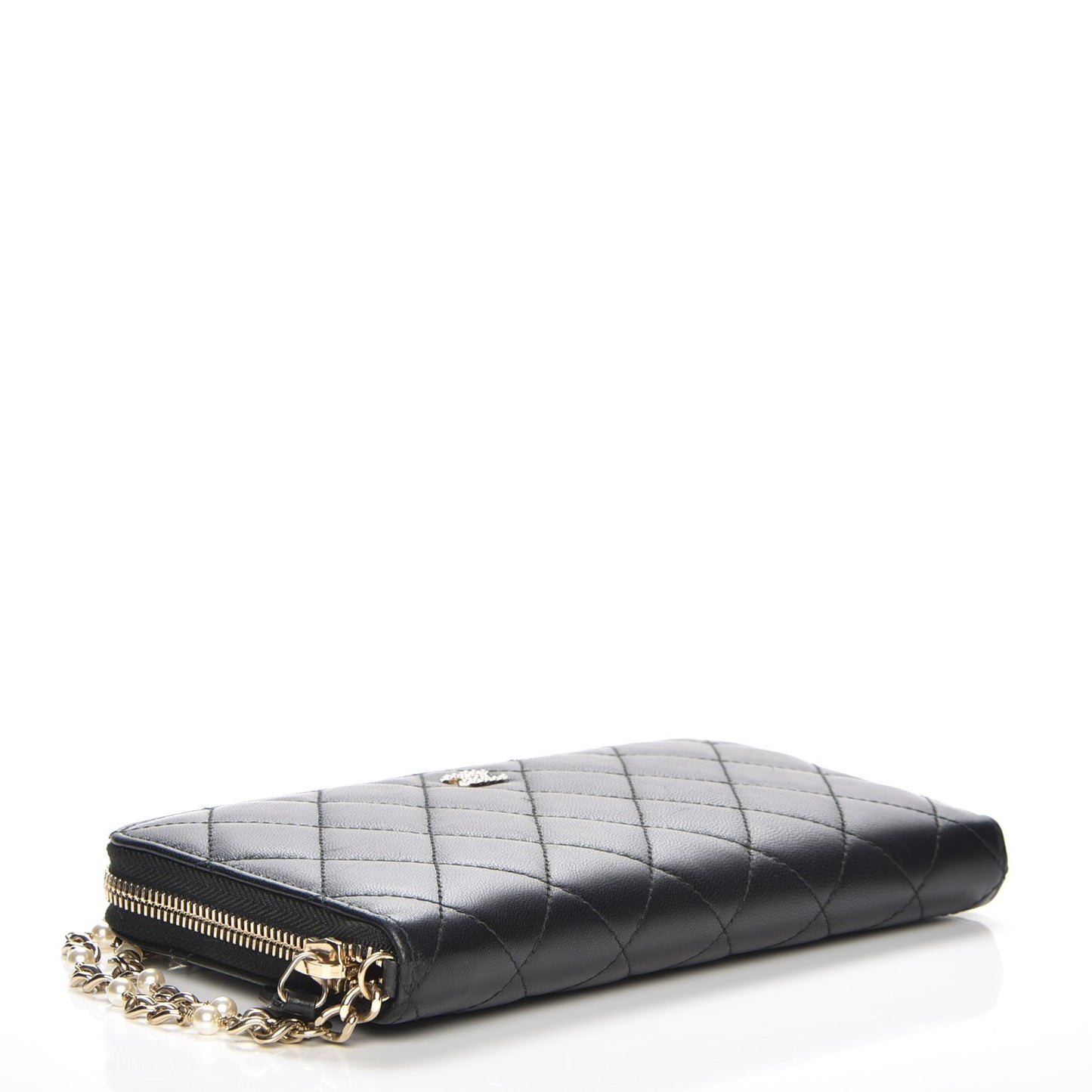 Lambskin Quilted Pearl Chain Wrist Wallet Black
