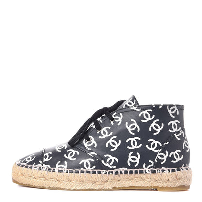 Chanel Lambskin Printed CC Lace Up Espadrilles 35 Black White 1 of 10