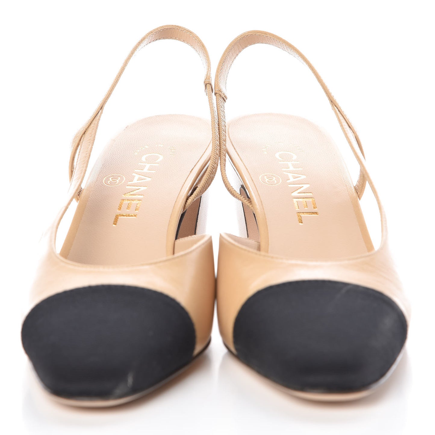 Goatskin Grosgrain Cap Toe CC Slingback Pumps 37 Beige Black