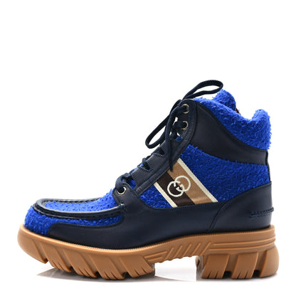 Gucci Casy Wool Quebec Calfskin Web Mens Interlocking G Lace Up Combat Boots 11 Blue China Blue 1 of 8