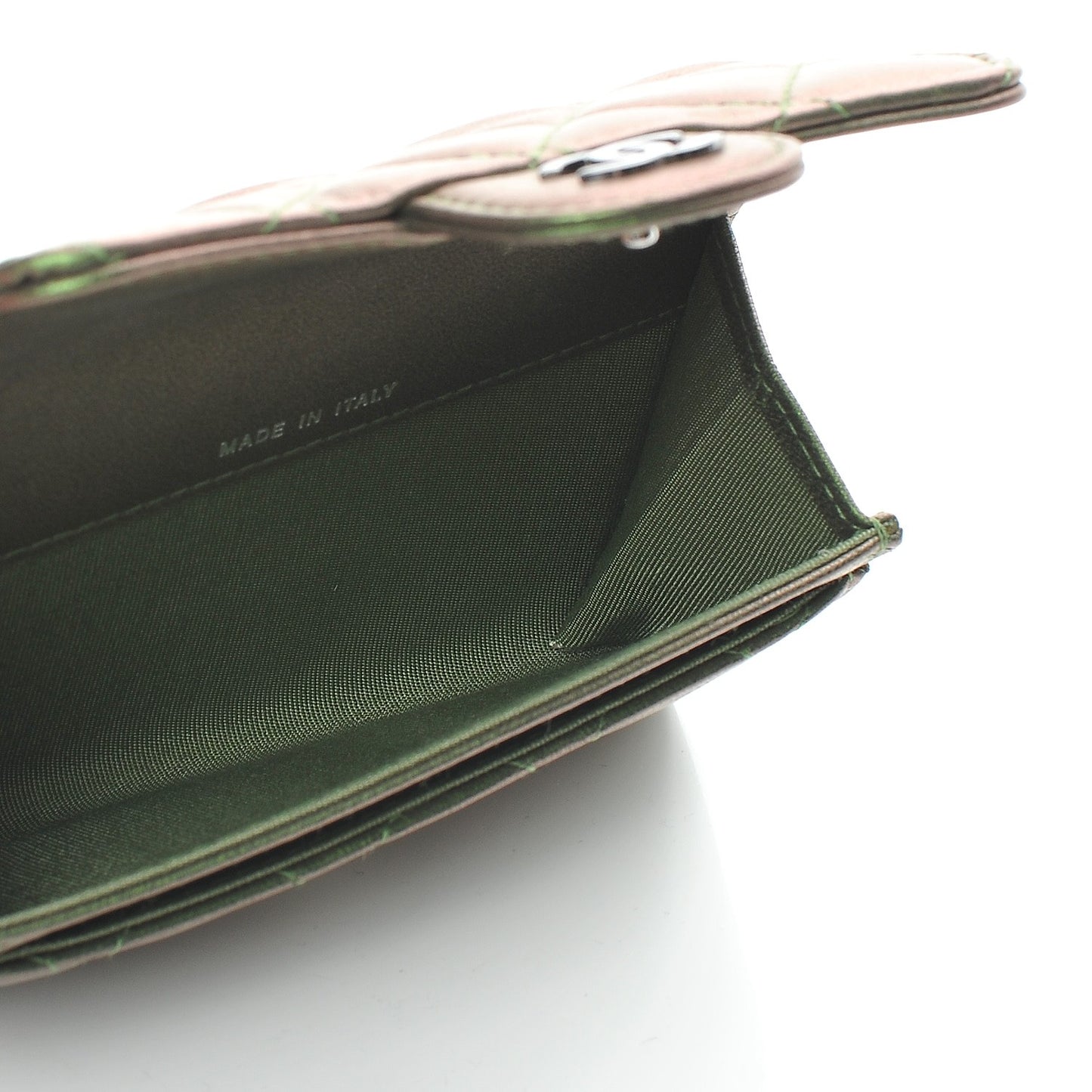 Metallic Lambskin Quilted Card Holder Green