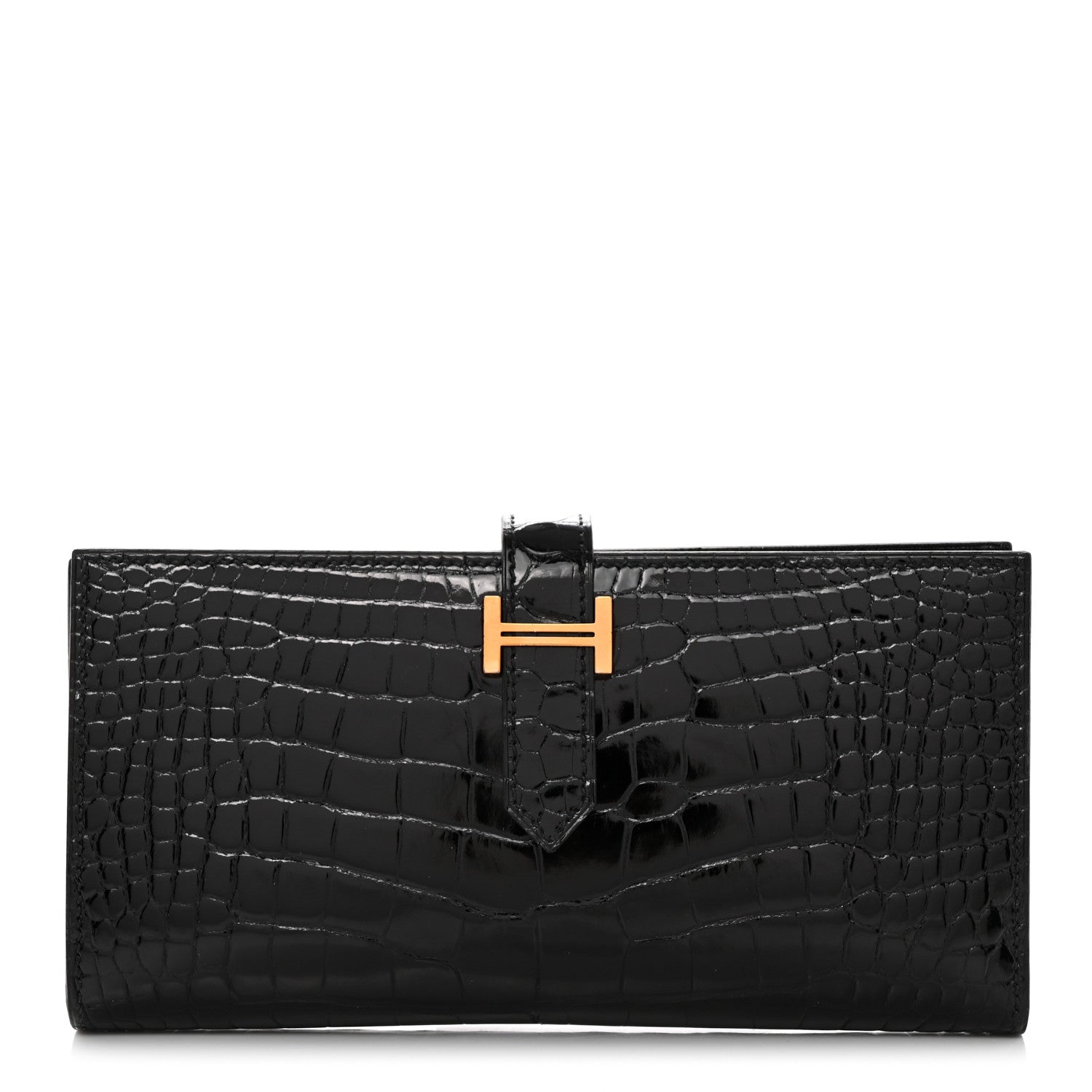 Hermes Shiny Alligator Bearn Gusset Wallet Black 1 of 8