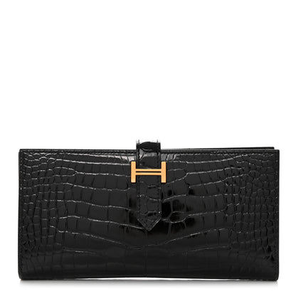 Hermes Shiny Alligator Bearn Gusset Wallet Black 1 of 8
