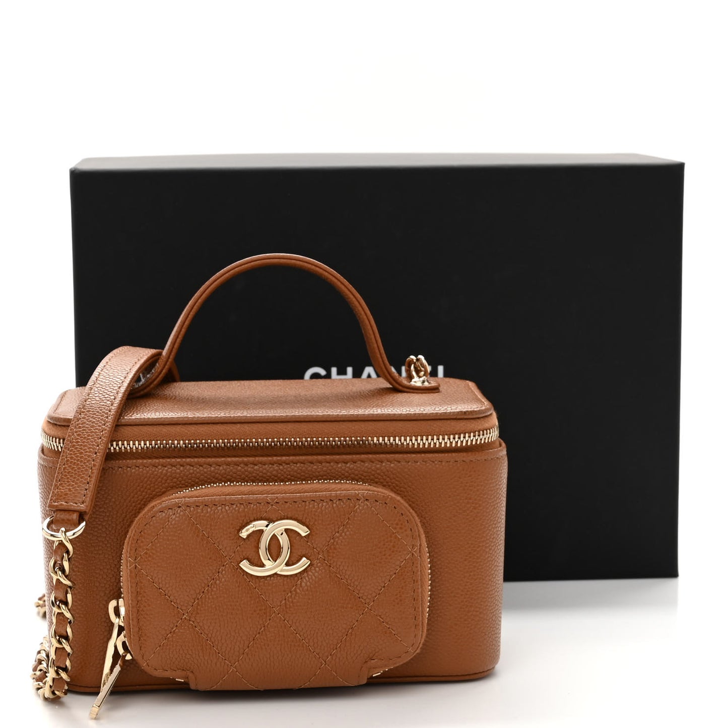 Caviar Quilted Top Handle Pocket Vanity Case Camel