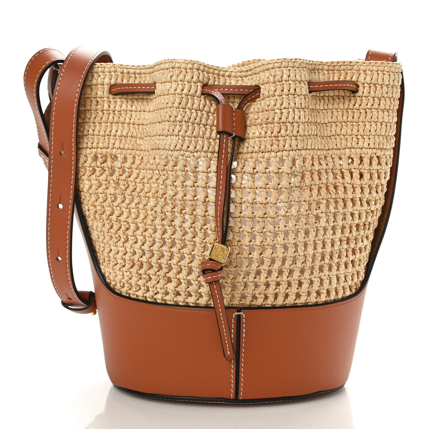 Raffia Calfskin Balloon Bucket Bag Natural Tan