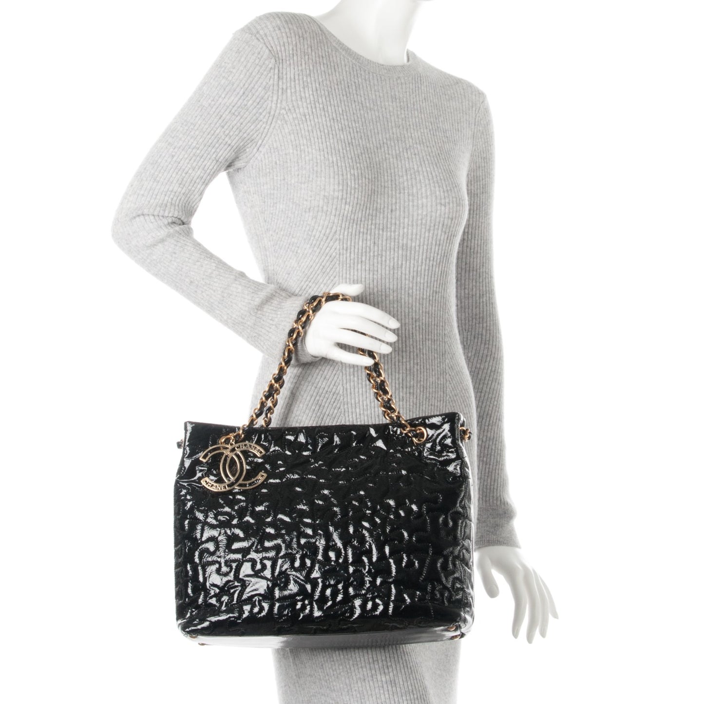 Crackled Patent Puzzle Tote Black