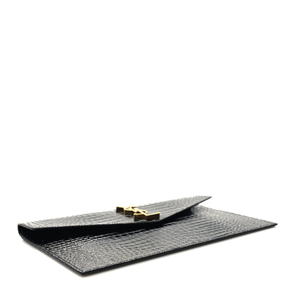 Saint Laurent Calfskin Crocodile Embossed Uptown Monogram Pouch Black 4 of 10