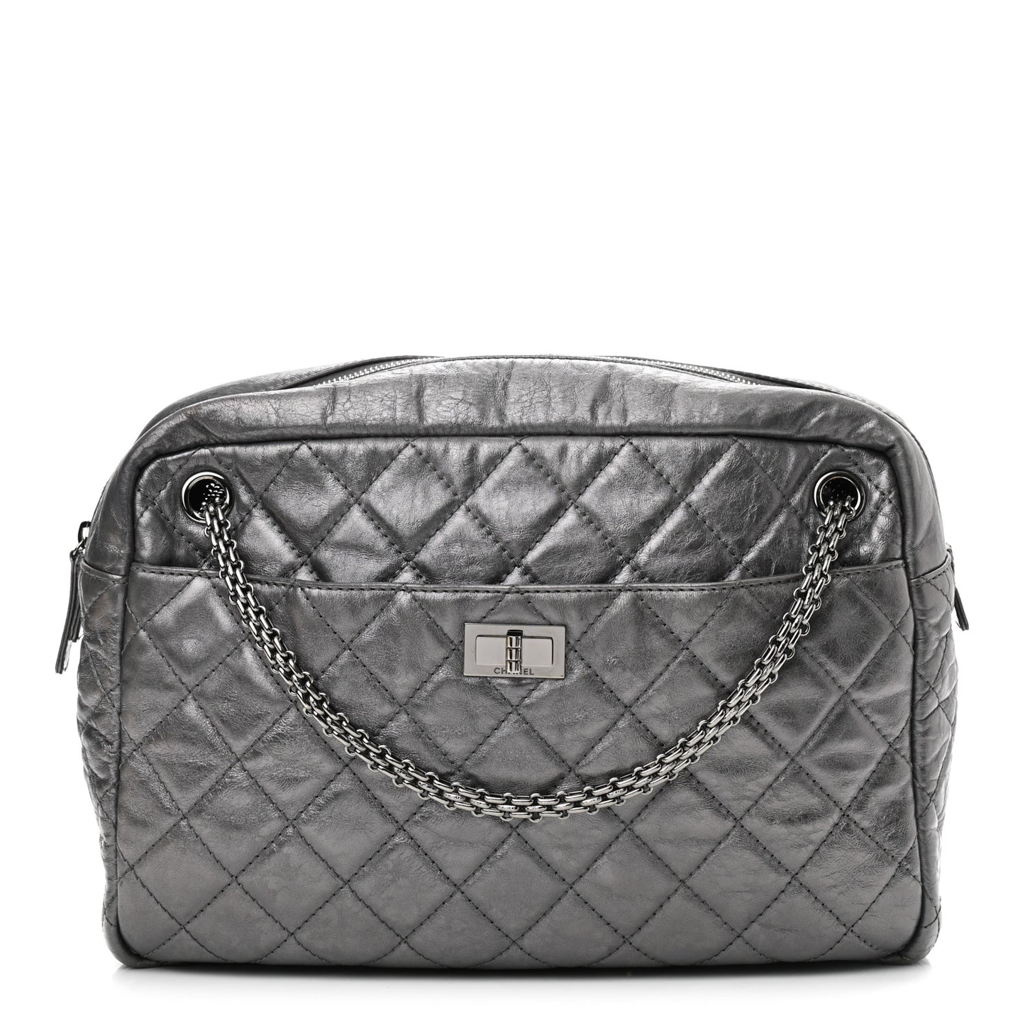 Metallic Aged Calfskin Quilted Large Reissue Camera Case Silver