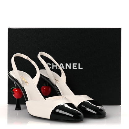 Chanel Lambskin Patent Calfskin Cap Toe CC Apple Slingback Pumps  39 White Black 11 of 11