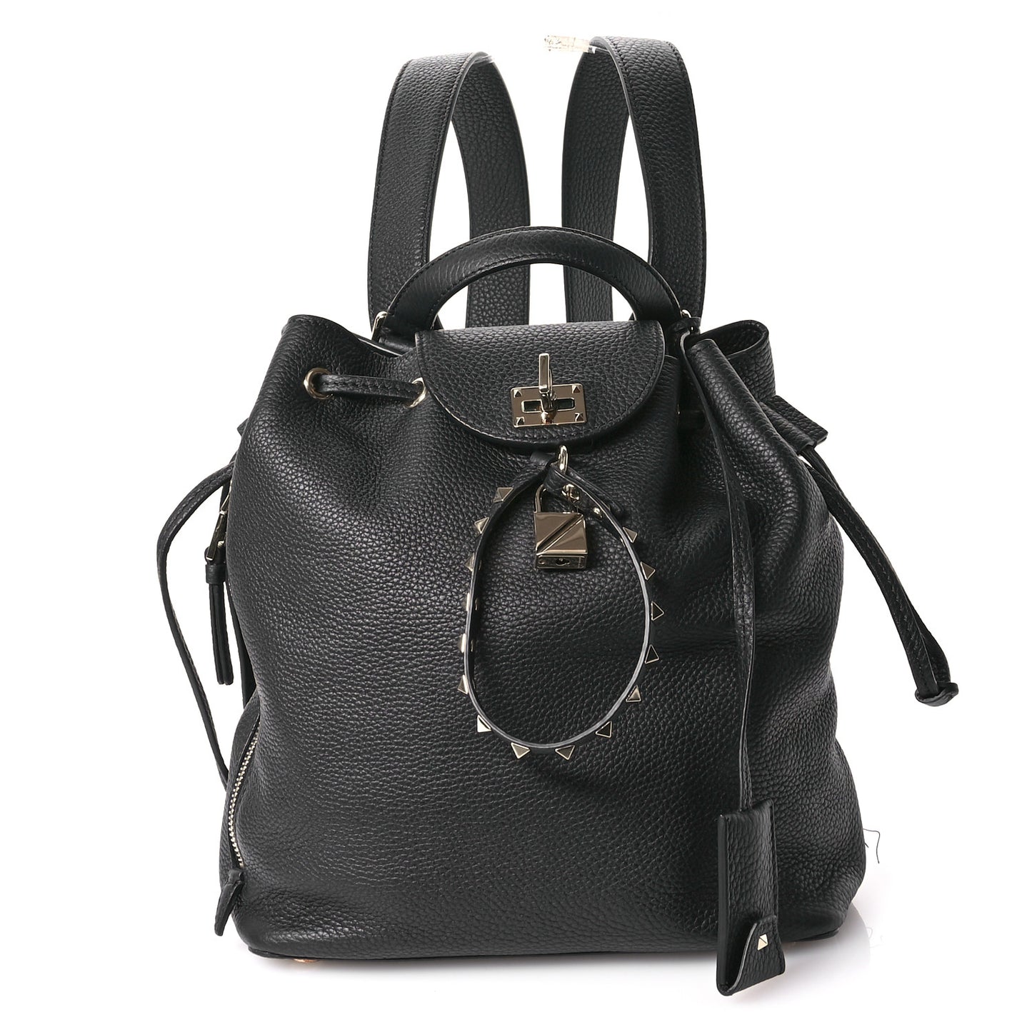 Pebbled Calfskin Rockstud Drawstring Backpack Black