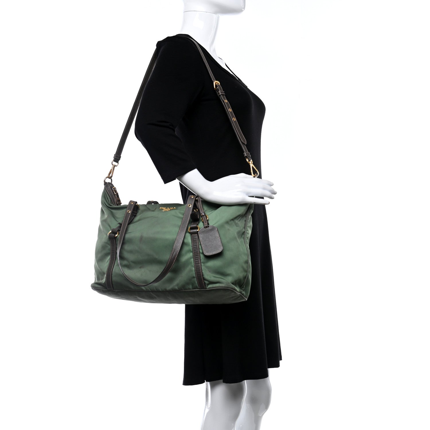 Prada Saffiano Tessuto Nylon Shopping Tote Green Brown 2 of 24