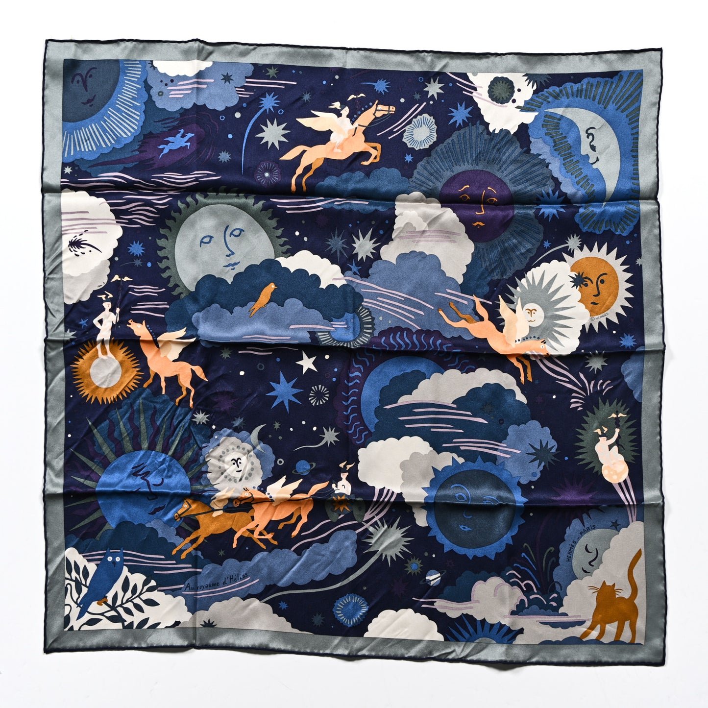 Silk Au Royaume d'Helios Scarf 70 Bleu Nuit Argile Bleu Jean