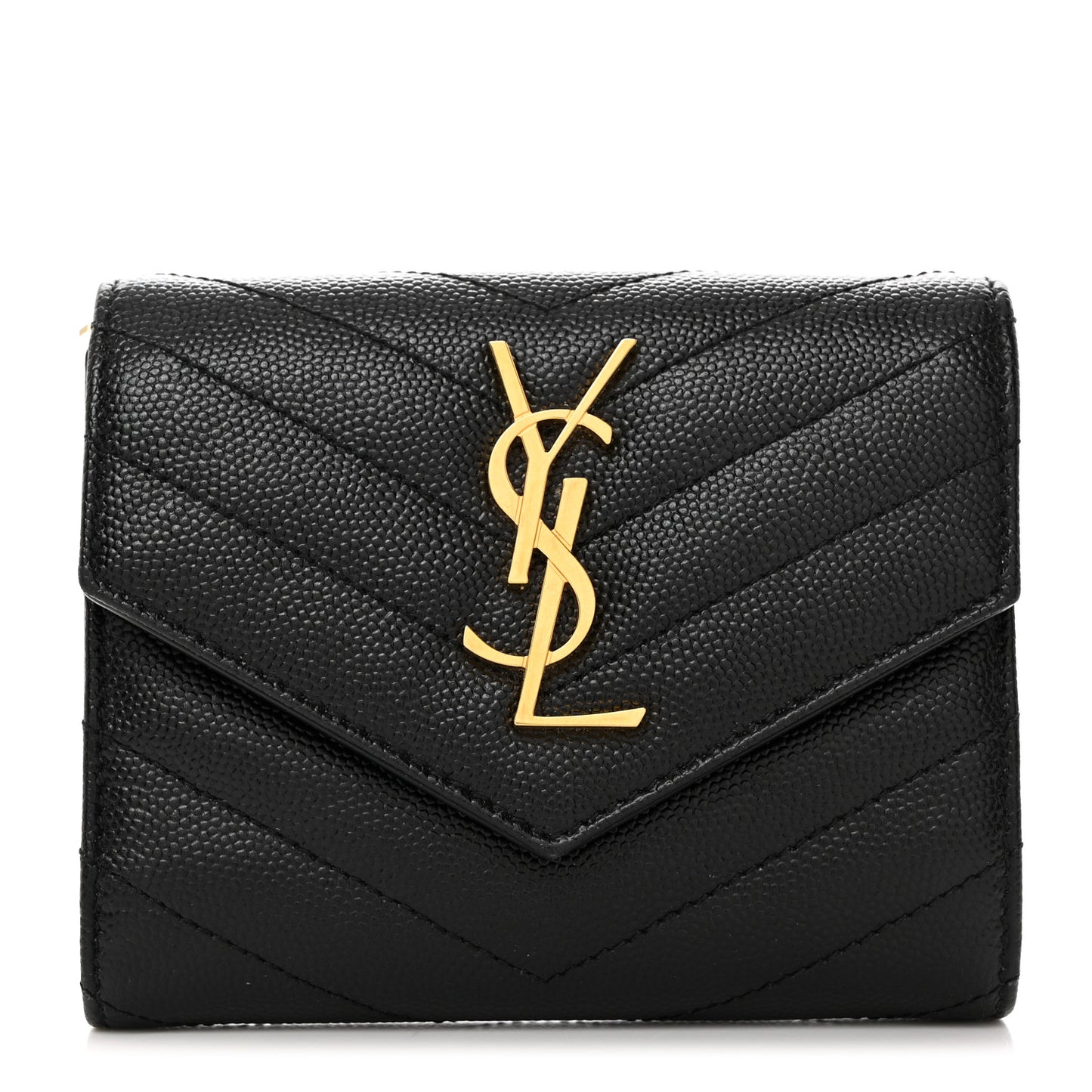 SAINT LAURENT Grain De Poudre Matelasse Chevron Monogram Compact Tri Fold Wallet Black