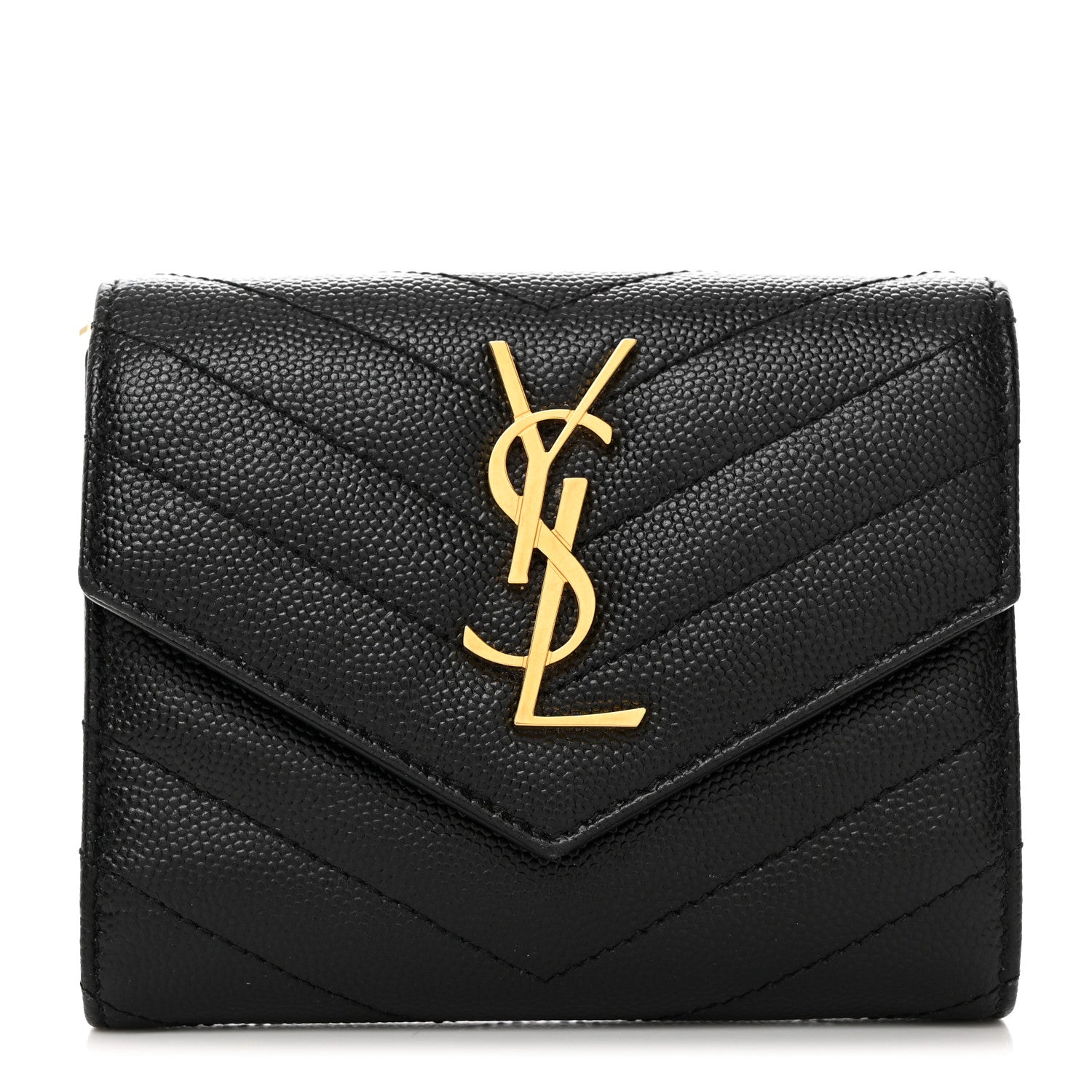 Saint Laurent SAINT LAURENT Grain De Poudre Matelasse Chevron Monogram Compact Tri Fold Wallet Black 1 of 9