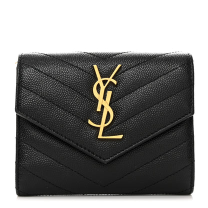 Saint Laurent SAINT LAURENT Grain De Poudre Matelasse Chevron Monogram Compact Tri Fold Wallet Black 1 of 9