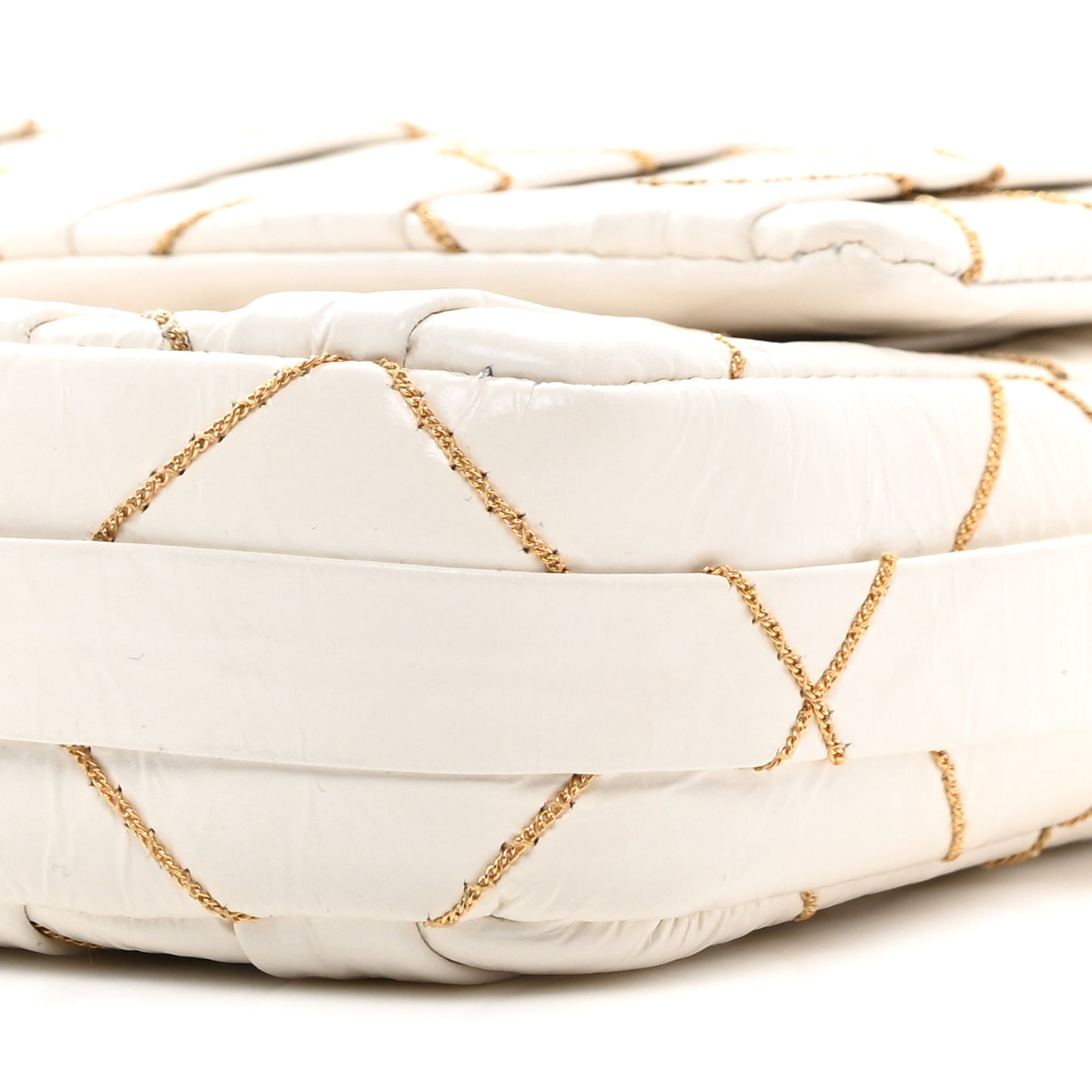 Glazed Calfskin Pleated Chain Stitch East West Flap White