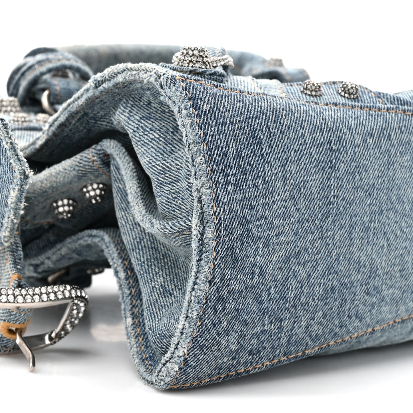 Washed Frayed Denim Crystal Neo Cagole Handbag XS Blue