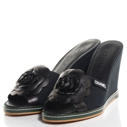 Chanel Canvas Camellia Wedge Sandals 38 Black 3 of 6