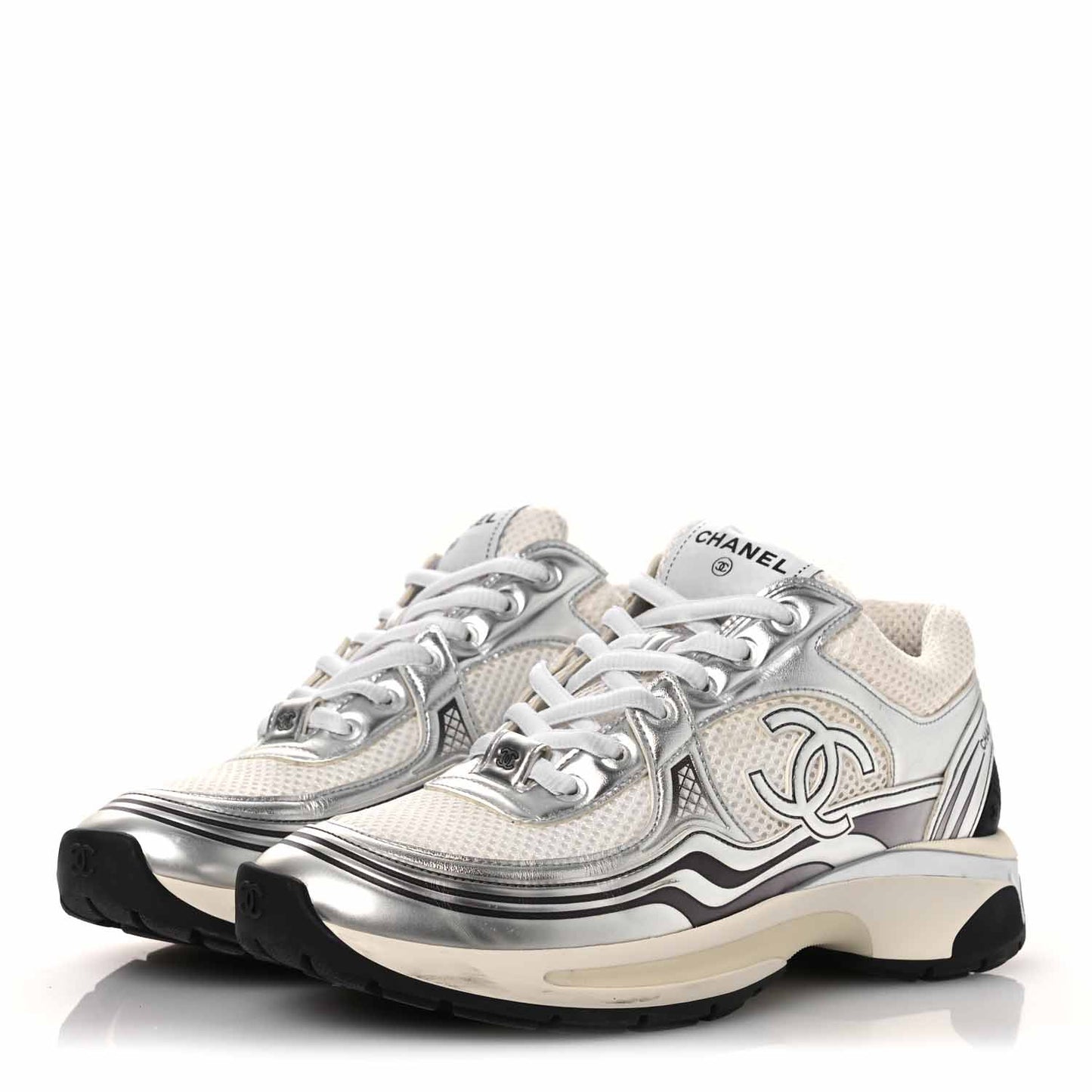 Fabric Laminated Calfskin Stretch CC Sneakers 38 White Silver
