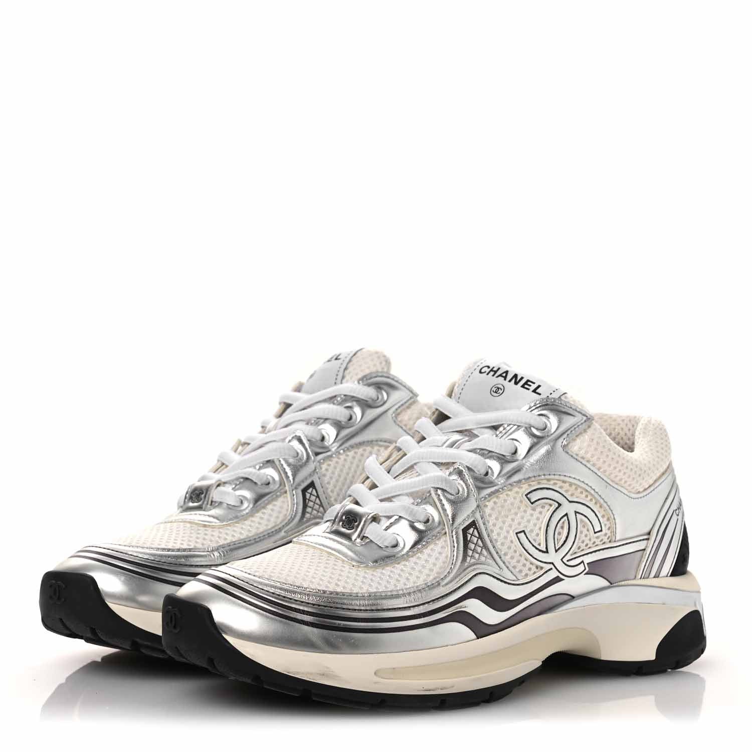 Chanel Fabric Laminated Calfskin Stretch CC Sneakers 38 White Silver 4 of 13