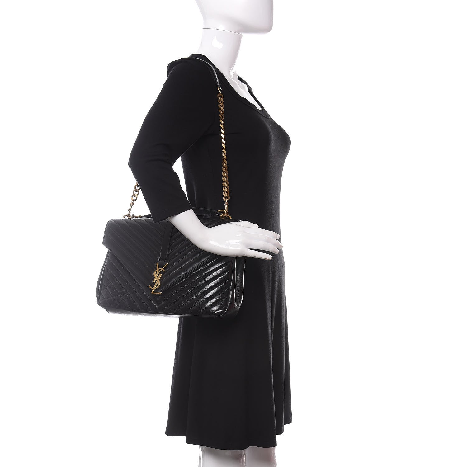 Saint Laurent Cracked Shiny Calfskin Matelasse Chevron Monogram Large College Satchel Black 2 of 11