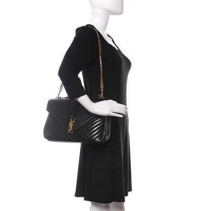 Saint Laurent Cracked Shiny Calfskin Matelasse Chevron Monogram Large College Satchel Black 2 of 11