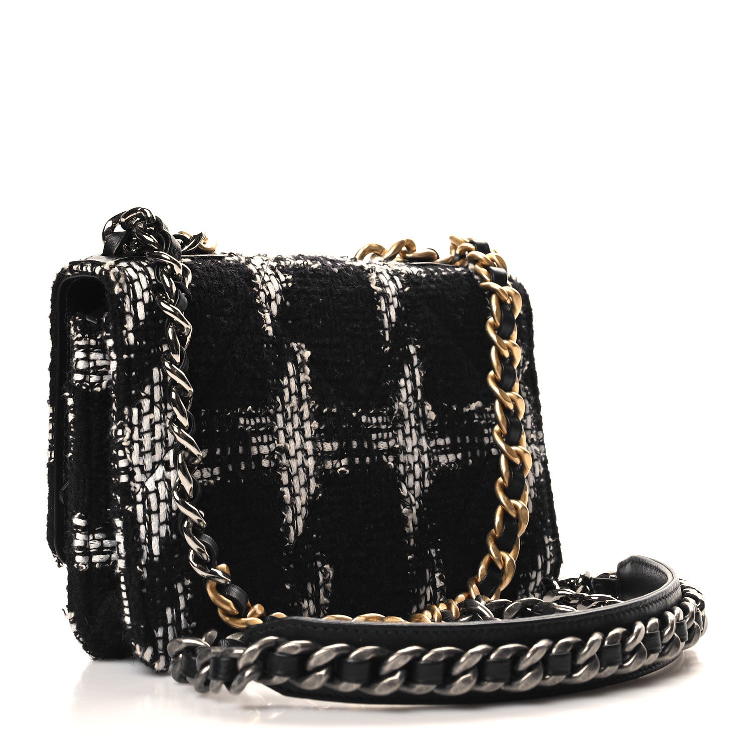Chanel Tweed Quilted Chanel 19 Wallet On Chain WOC Black White 2 of 12