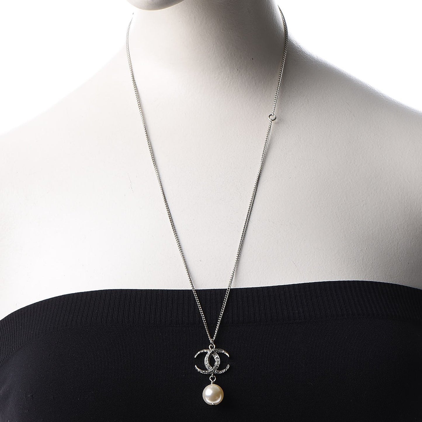 Crystal CC Pearl Drop Necklace Silver