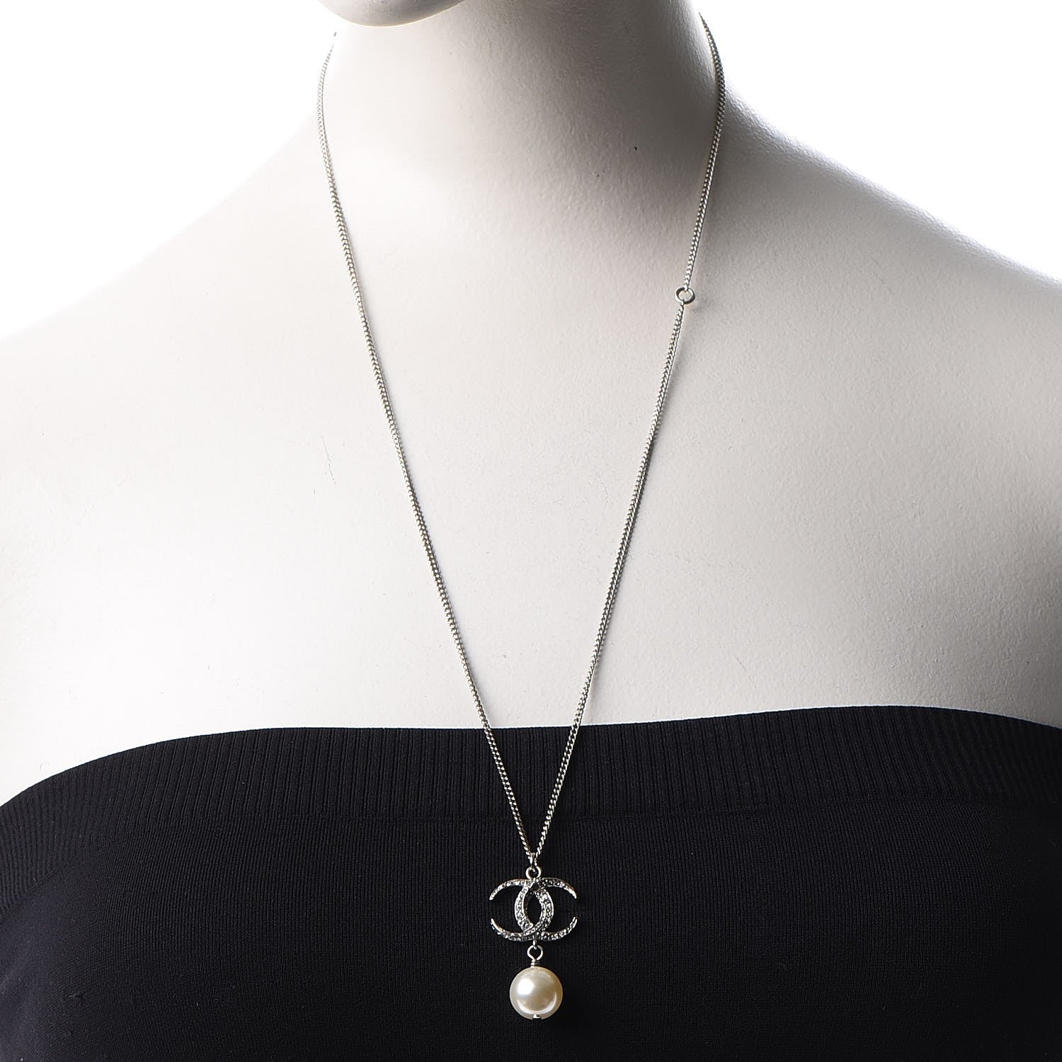 Chanel Crystal CC Pearl Drop Necklace Silver 2 of 6