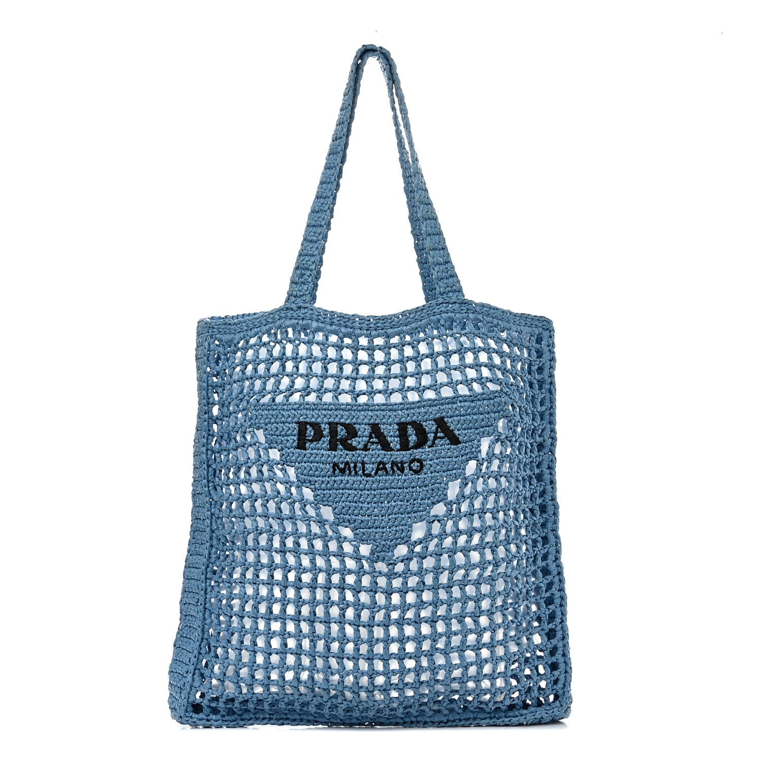 Prada Yarn Raffia Effect Crochet Logo Embroidered Tote Bag Celeste 1 of 9