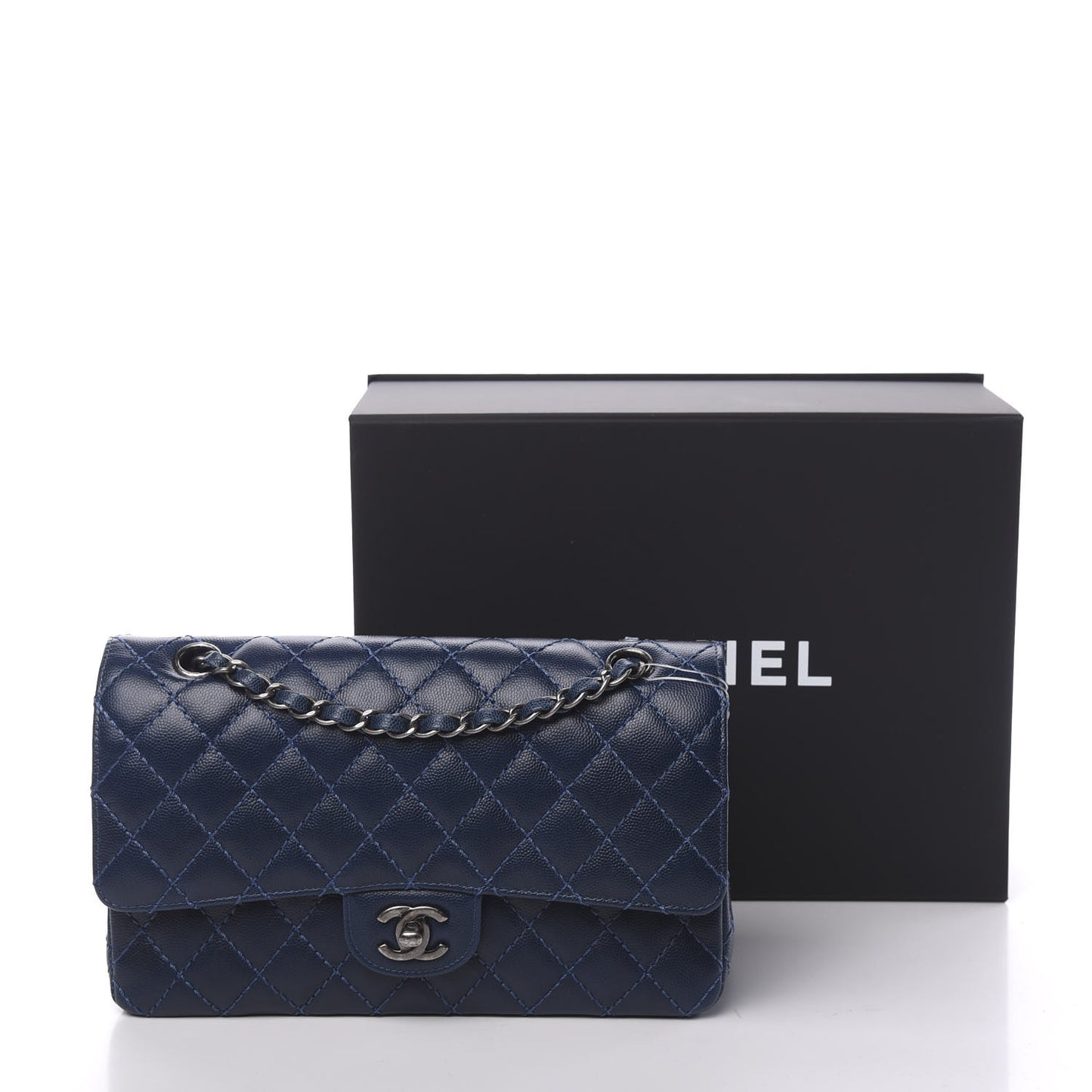 Caviar Quilted Medium Double Flap Dark Blue