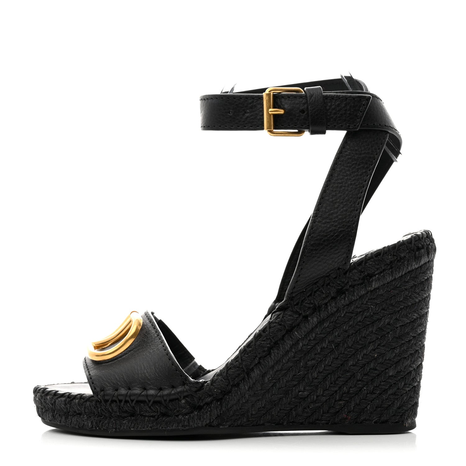 Valentino Garavani Grainy Cowhide VLogo Ankle Wrap Espadrille Wedge Sandals 37 Black 1 of 8