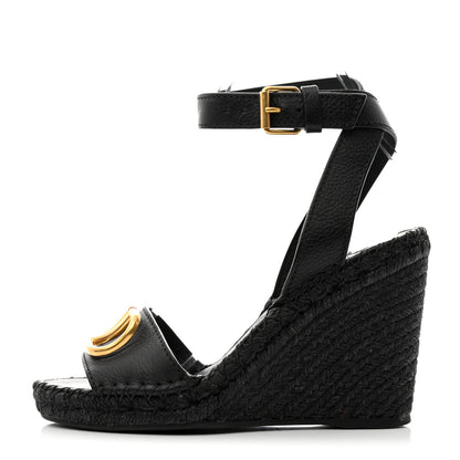 Valentino Garavani Grainy Cowhide VLogo Ankle Wrap Espadrille Wedge Sandals 37 Black 1 of 8