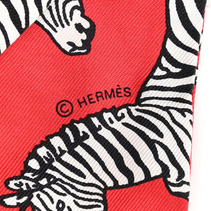 Hermes Silk Les Zebres Twilly Rouge Black White 3 of 4