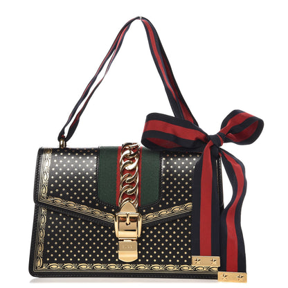 Gucci Calfskin Star Printed Small Sylvie Shoulder Bag Gold Black 1 of 8