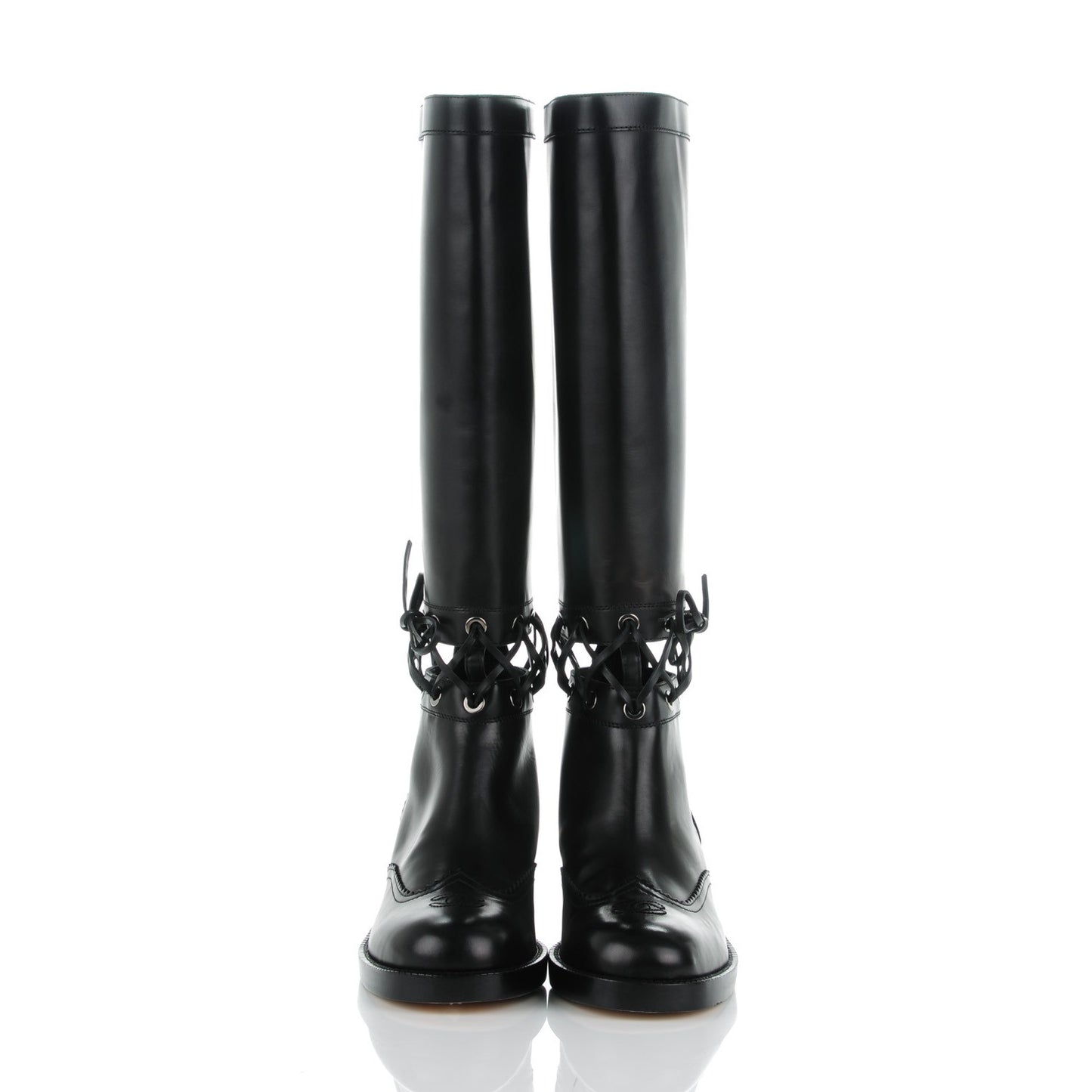 Calfskin Lace Up Knee High Boots 40.5 Black