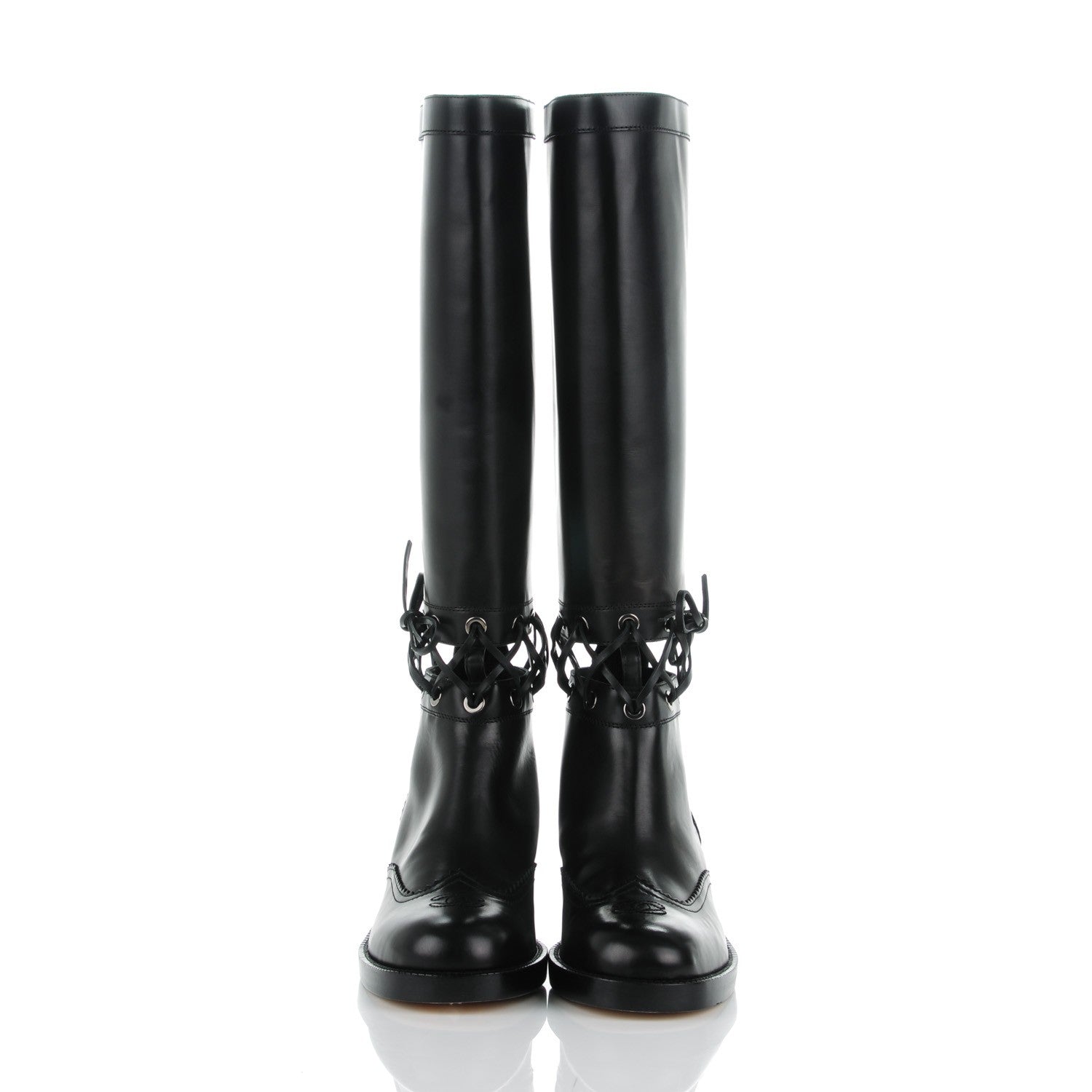 Chanel Calfskin Lace Up Knee High Boots 40.5 Black 2 of 9