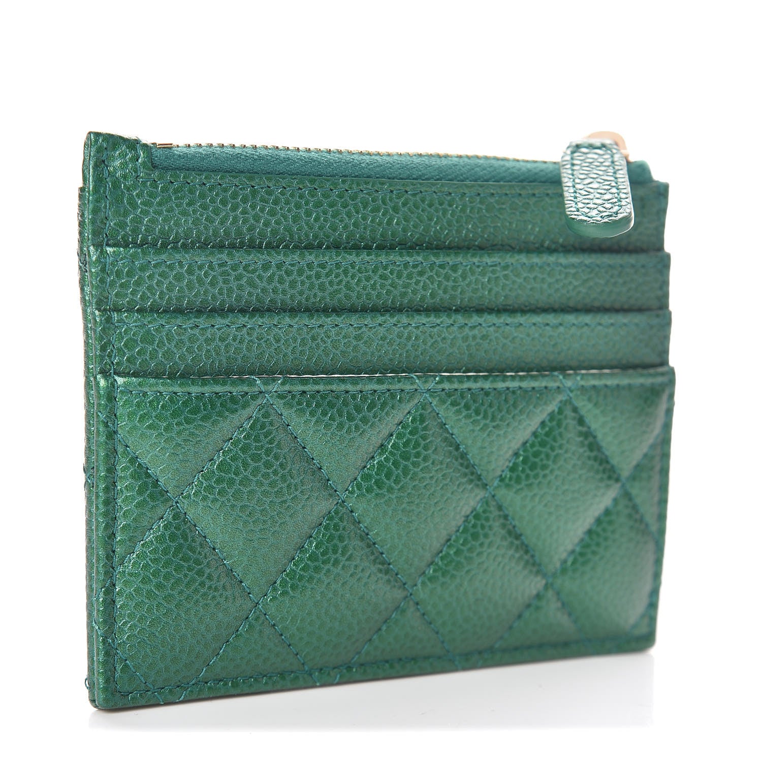 Chanel Metallic Caviar Quilted CC Zip Card Holder Green 3 of 8