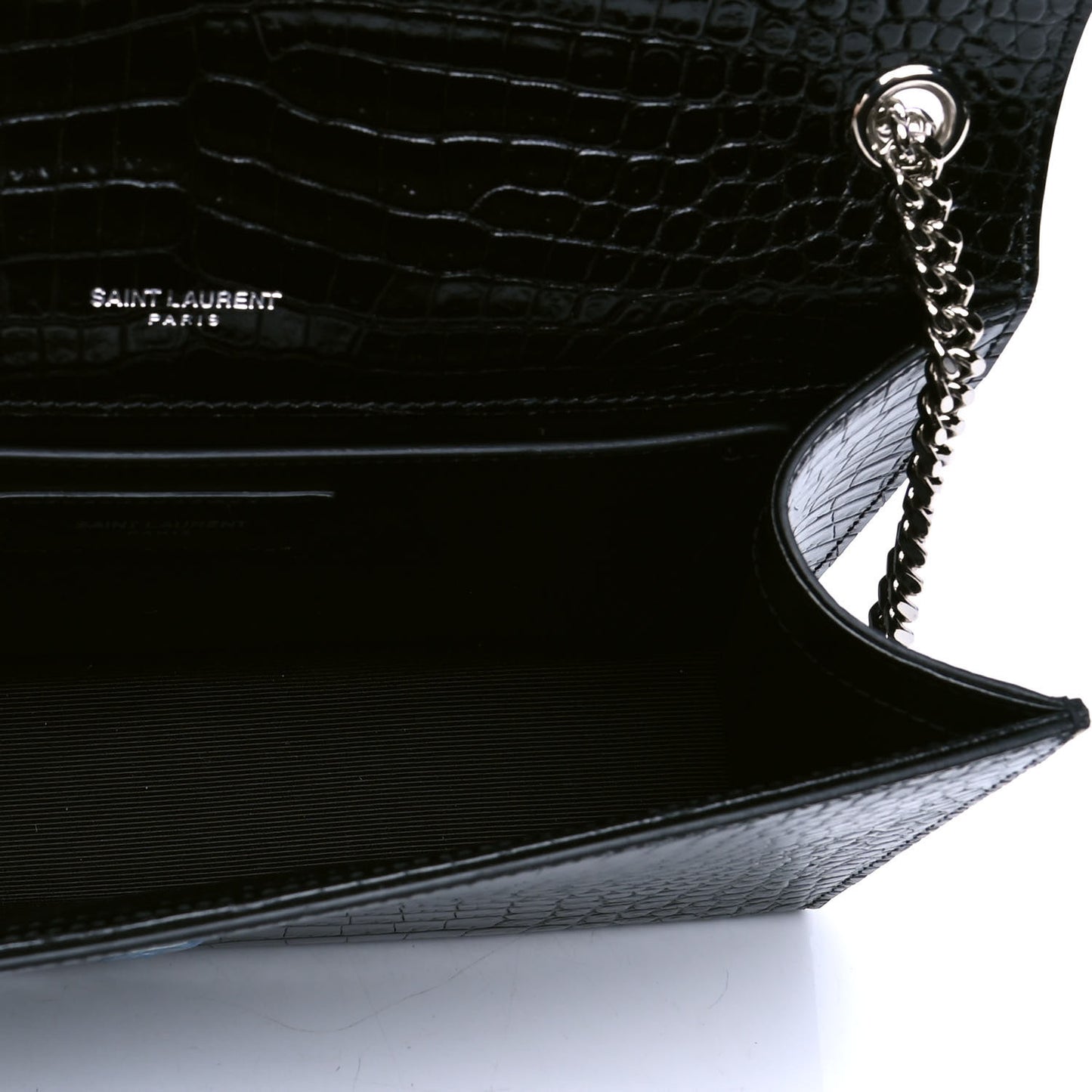 Calfskin Crocodile Embossed Medium Classic Monogram Kate Tassel Satchel Black