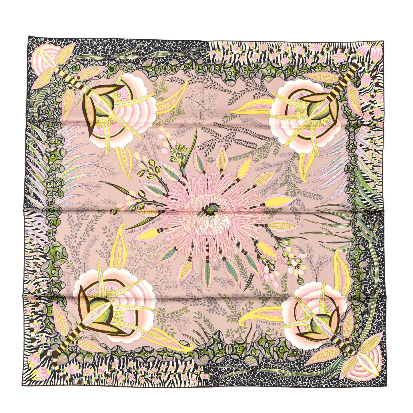 Silk Flowers of South Africa Scarf 90 Vieux Rose Vert Jaune