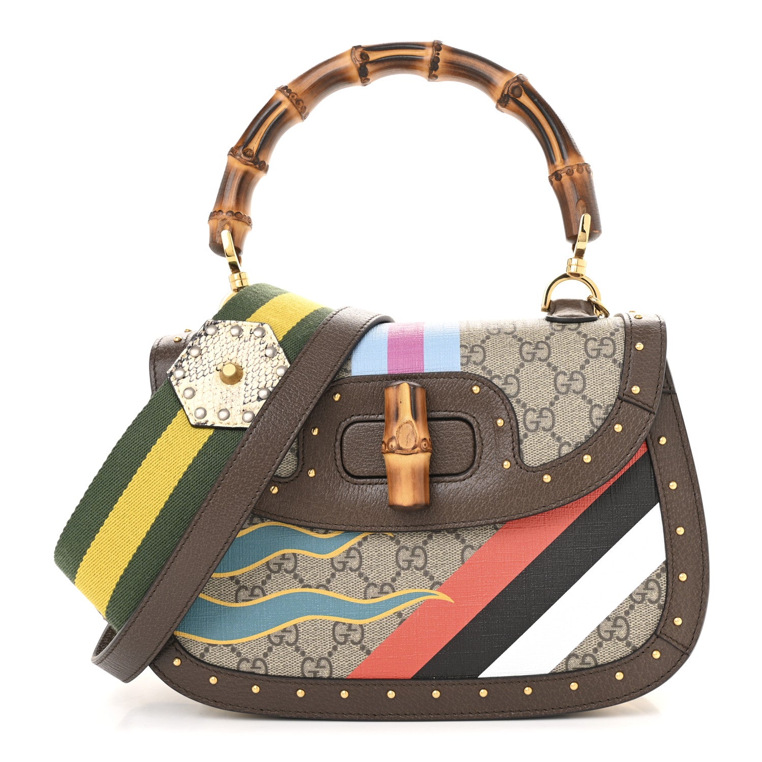Gucci GG Supreme Monogram Studded Calfskin 100 Centennial Geometric Medium Bamboo 1947 Top Handle Bag Beige Ebony Multicolor 1 of 13