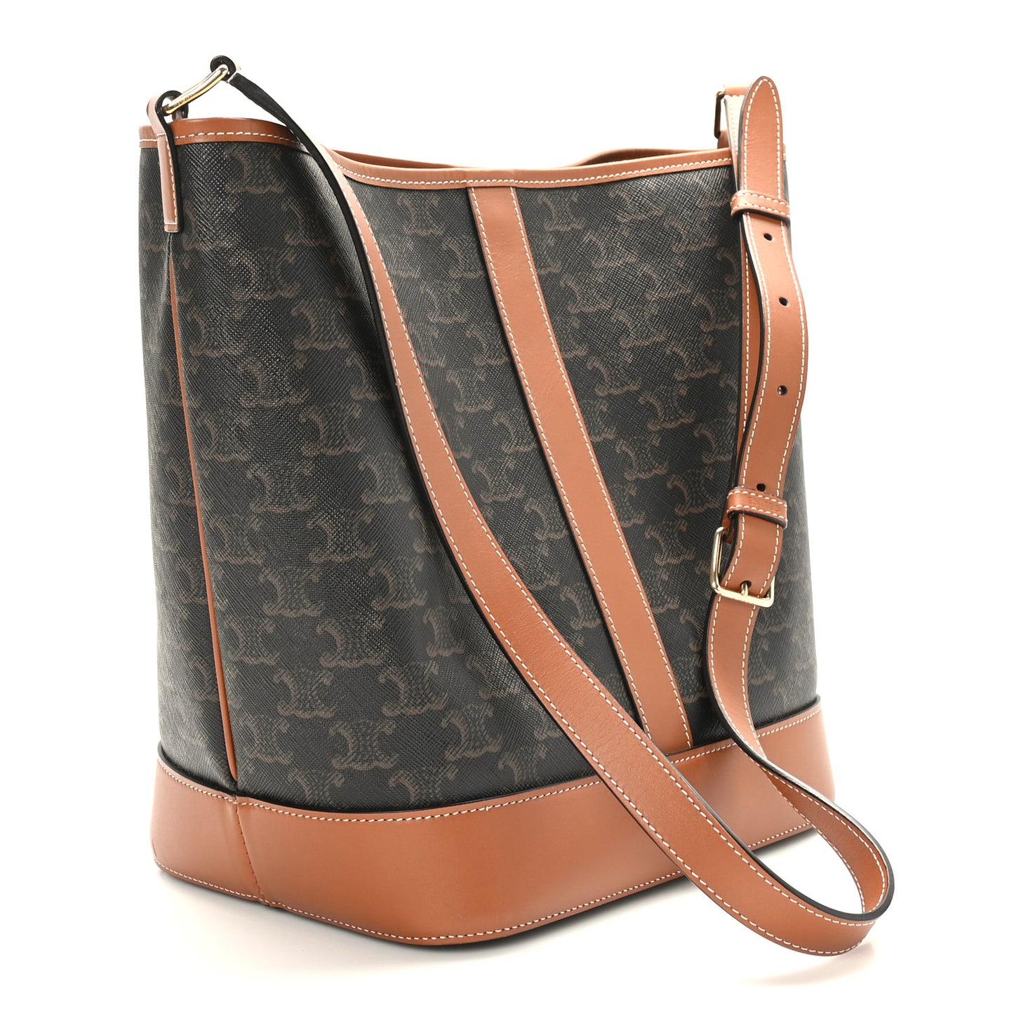 Triomphe Canvas Calfskin Medium Bucket Bag Tan