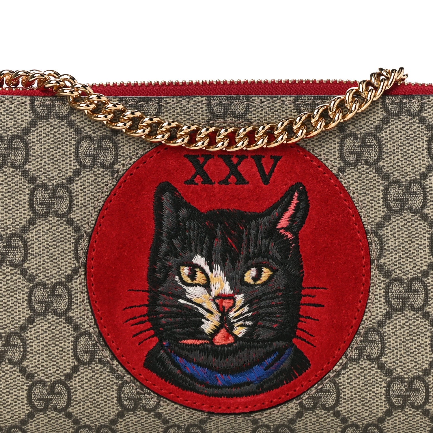 Gucci GG Supreme Monogram Mystic Cat Embroidered Chain Wrist Wallet Red 7 of 9