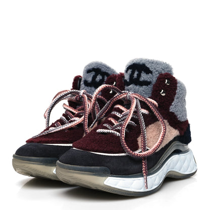 Chanel Shearling Suede CC High Top Sneakers 38 Burgundy 3 of 9
