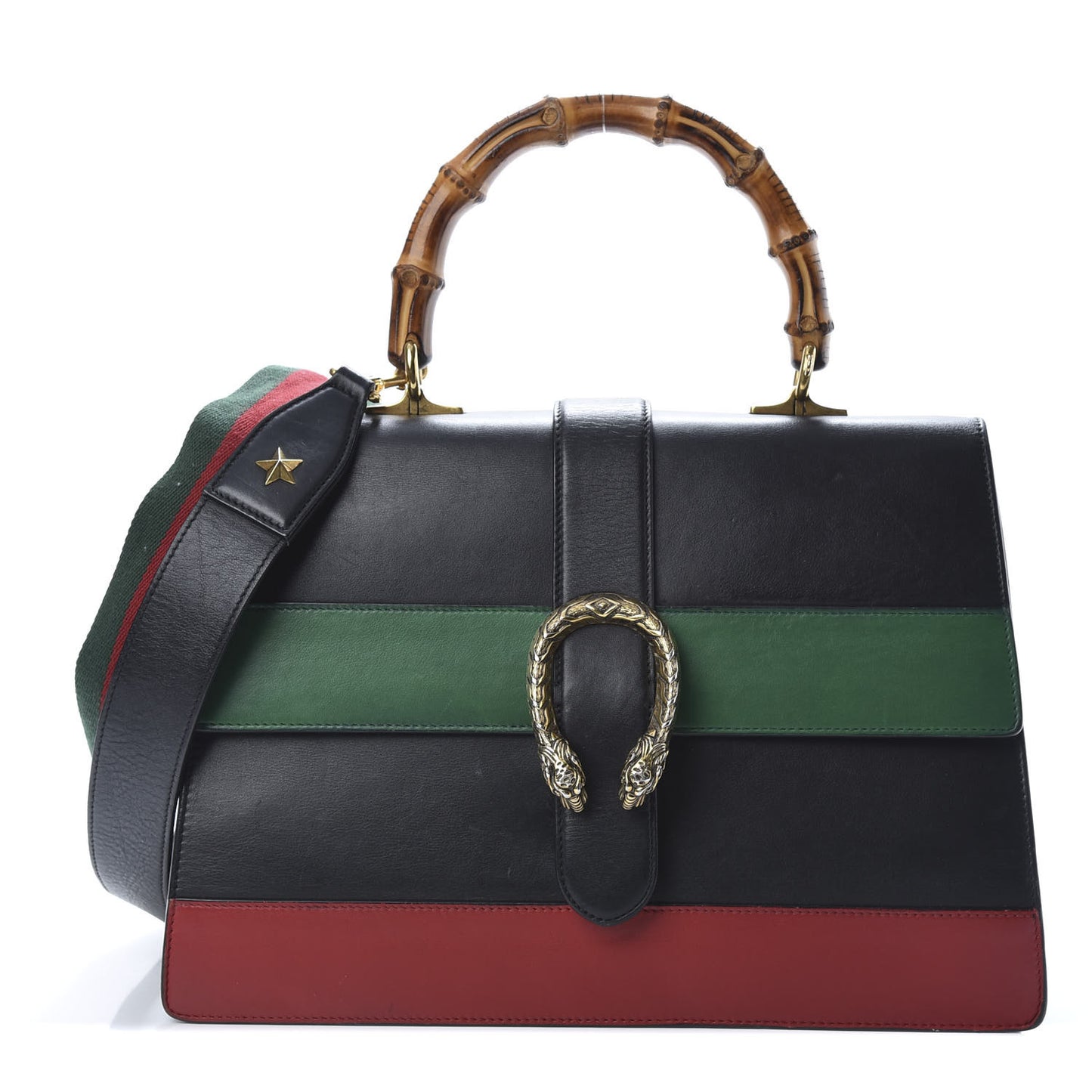 Calfskin Bamboo Web Large Dionysus Top Handle Bag Black Bright Evergreen Hibiscus Red