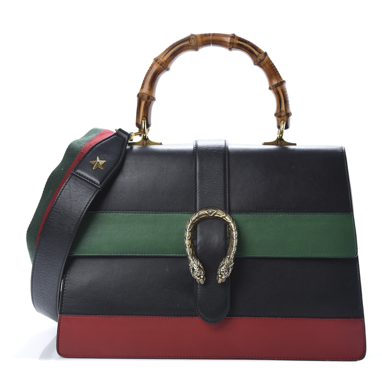 Gucci Calfskin Bamboo Web Large Dionysus Top Handle Bag Black Bright Evergreen Hibiscus Red 1 of 15