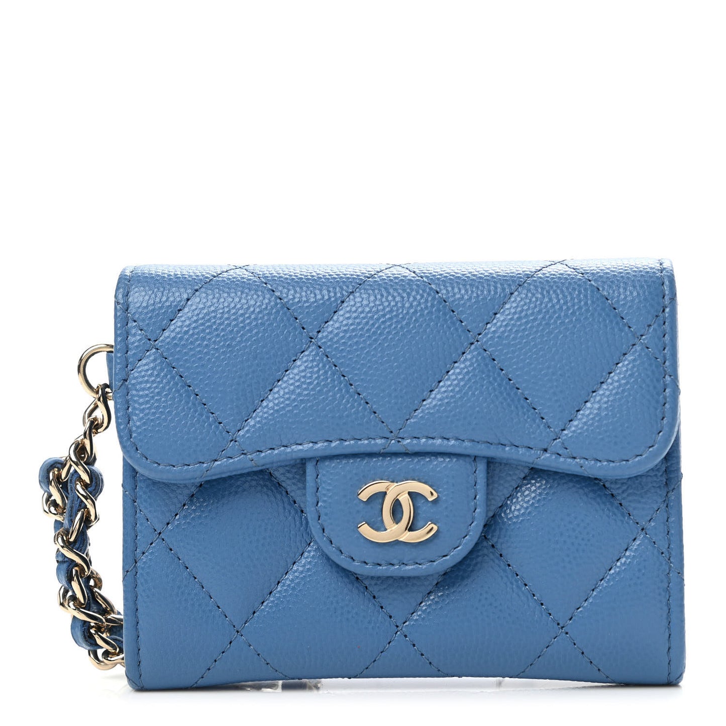 Caviar Quilted Flap Card Holder Chain Wristlet Blue