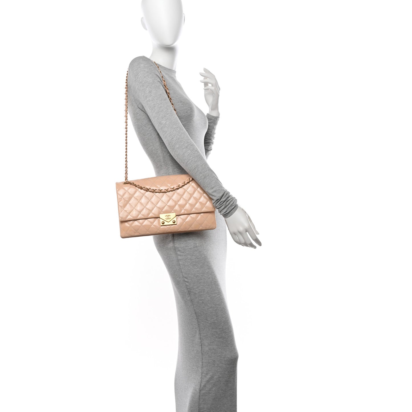 Patent Goatskin Quilted 3 Pocket Accordion Flap Light Beige