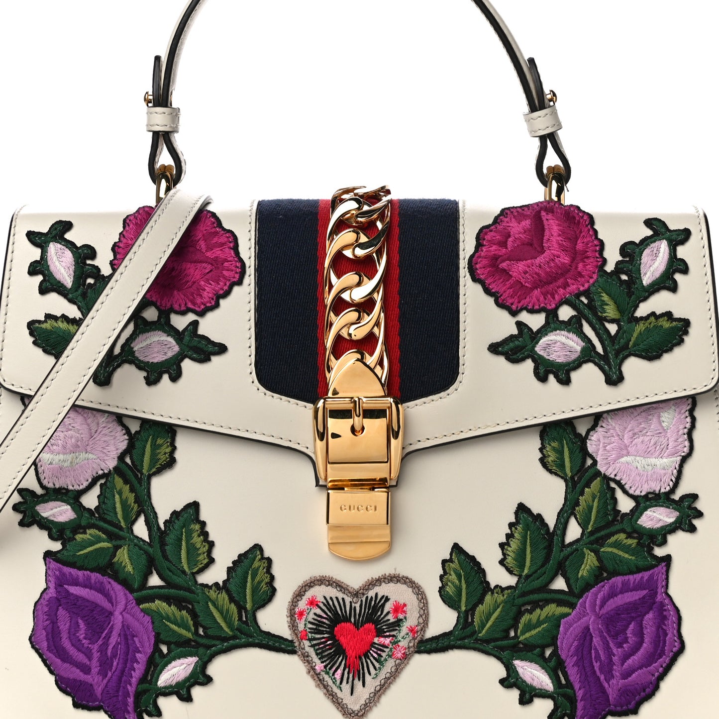 Calfskin Embroidered Medium Sylvie Top Handle Bag White