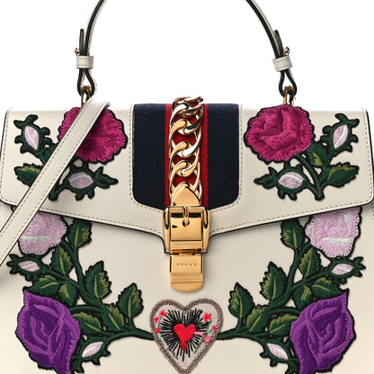 Gucci Calfskin Embroidered Medium Sylvie Top Handle Bag White 8 of 14